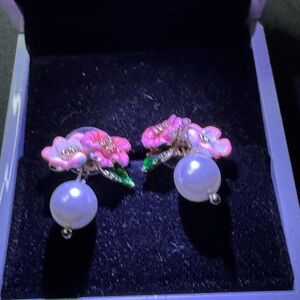 New Pink and White Pearl Floral Earrings